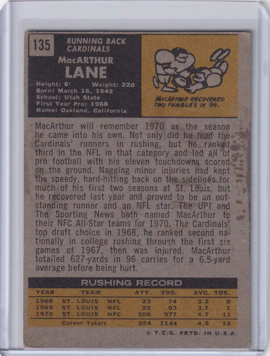 Vintage Topps Football card of MacArthur Lane from St. Louis Cardinals RC