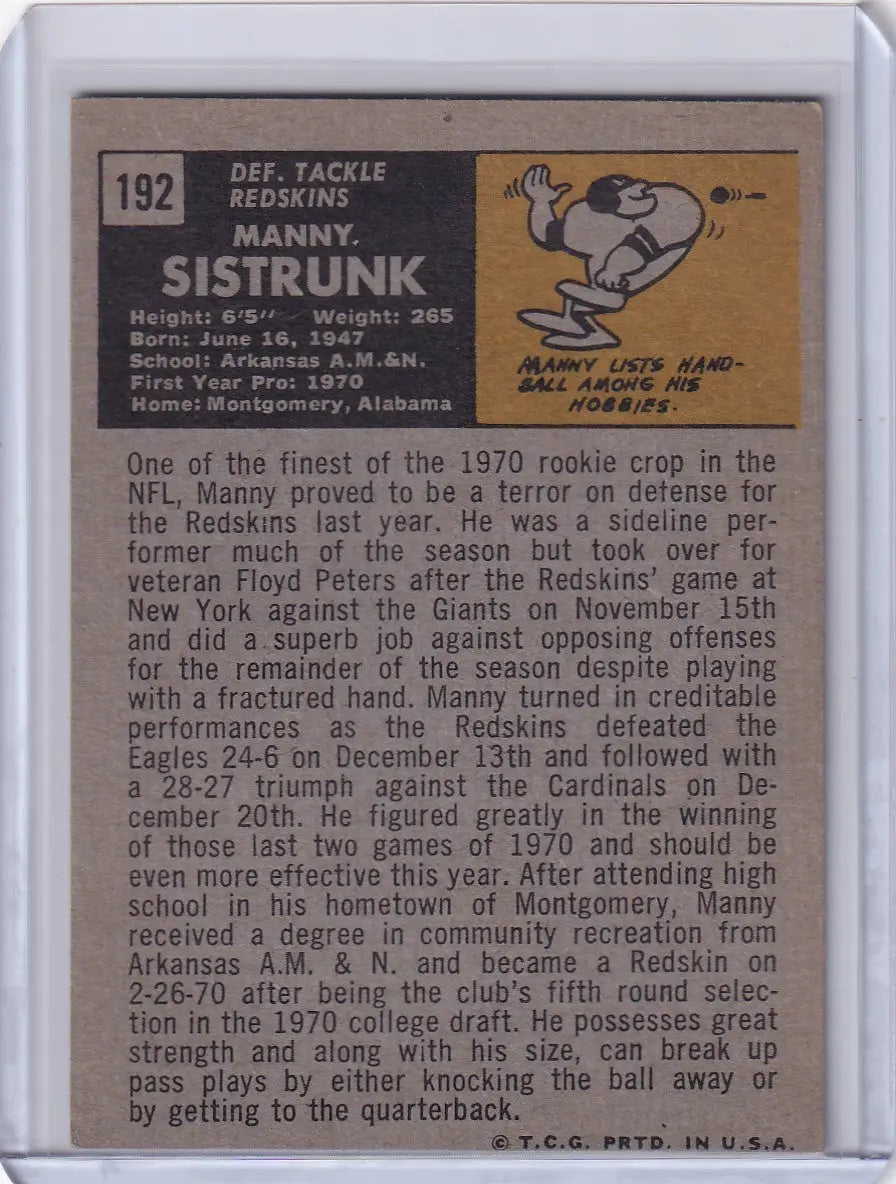 1971 Topps Football card of Manny Sistrunk showcasing Washington Redskins stats and artwork