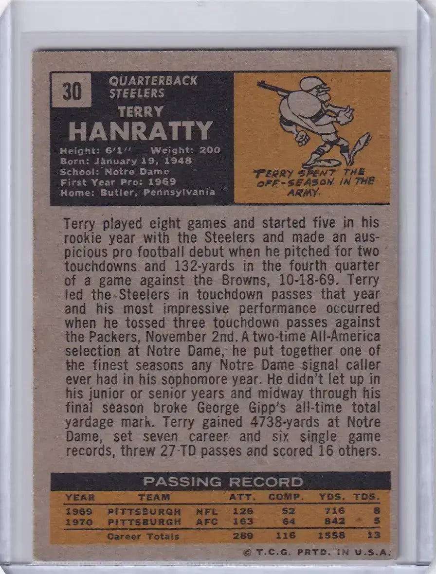 1971 Topps Football #30 Terry Hanratty - Pittsburgh Steelers RC - Football Card Single