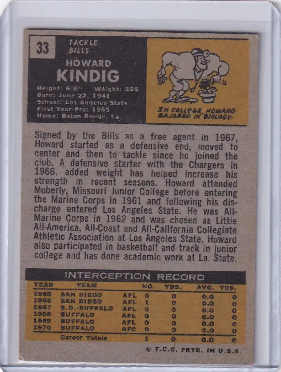 1971 Topps Football #33 Howard Kindig - Buffalo Bills - Football Card Single