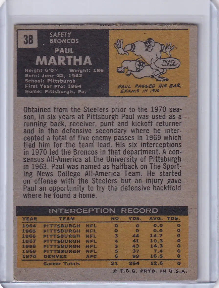 Vintage Topps Football card of Paul Martha featuring Denver Broncos statistics and bio