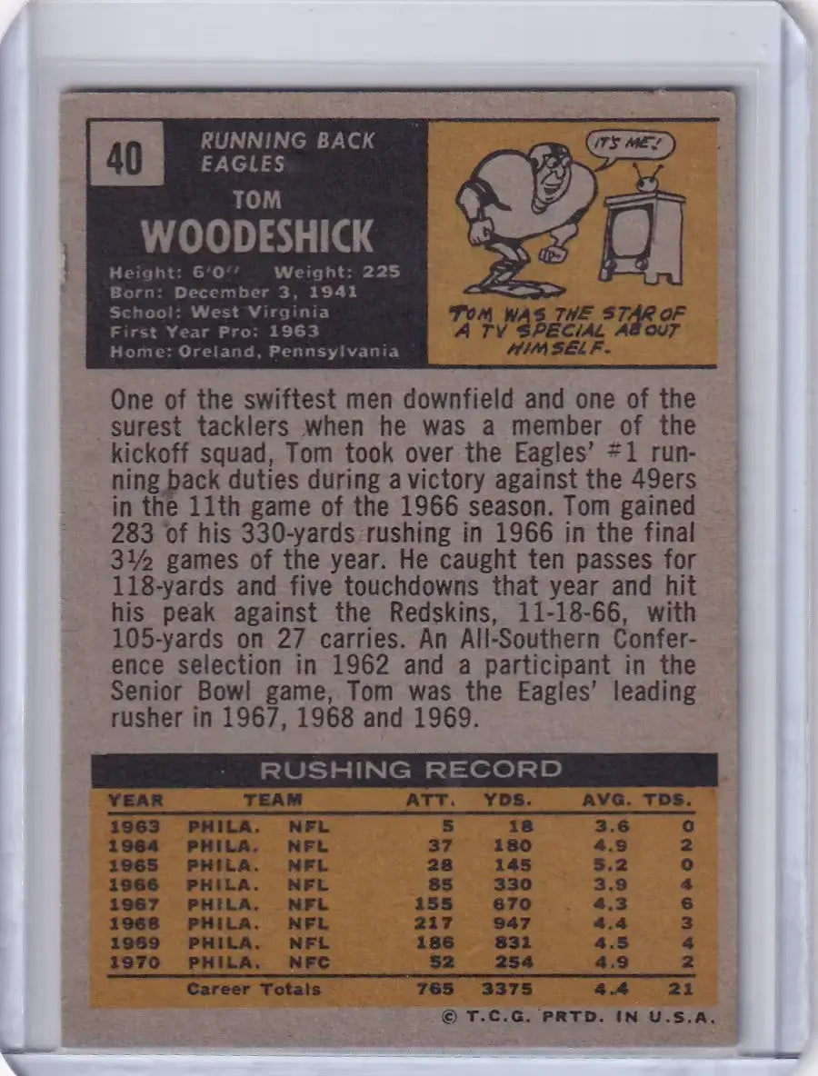 1971 Topps Football #40 Tom Woodeshick - Philadelphia Eagles - Football Card Single