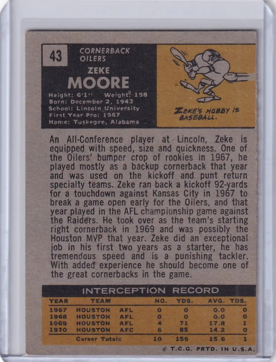 Vintage Topps Football trading card of Zeke Moore from the Houston Oilers RC 1971