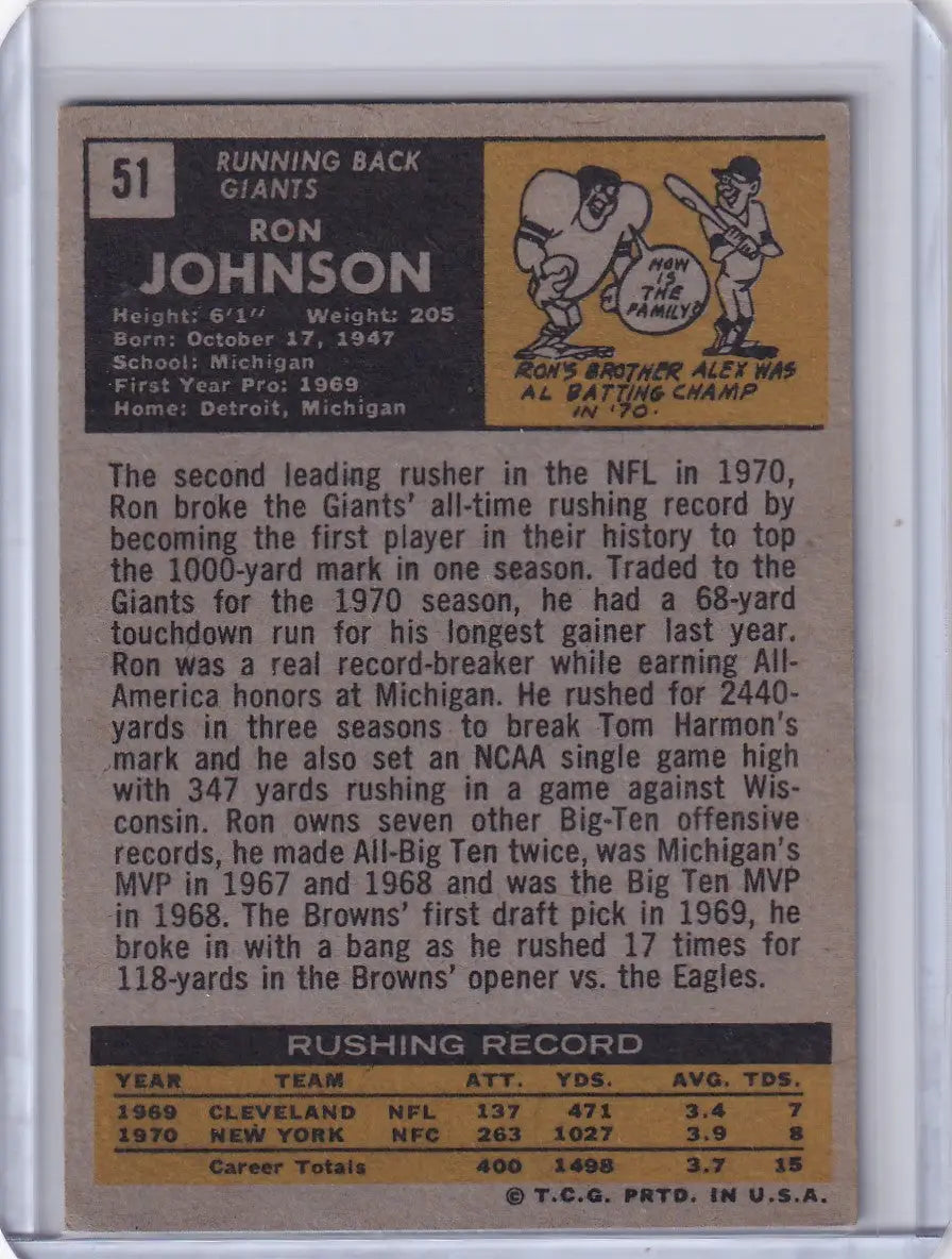 Vintage Topps Football trading card of Ron Johnson, New York Giants RC from 1971