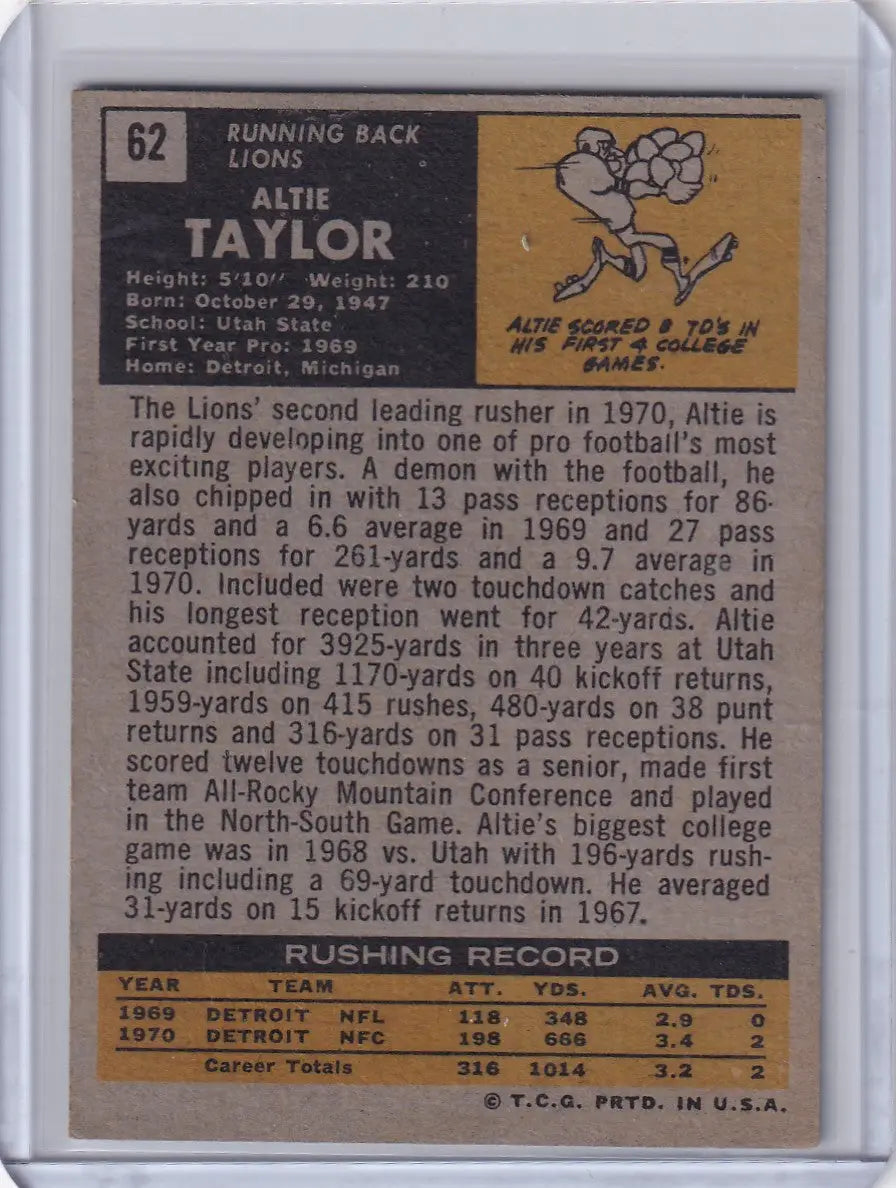 Football trading card of Altie Taylor with stats for Topps Football Detroit Lions RC