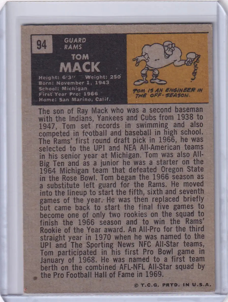 Vintage Topps Football trading card of Tom Mack from the Los Angeles Rams