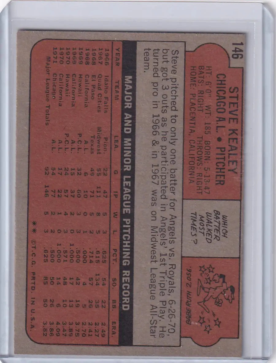 Back side of a 1972 Topps Baseball card featuring Steve Kealey of the Chicago White Sox