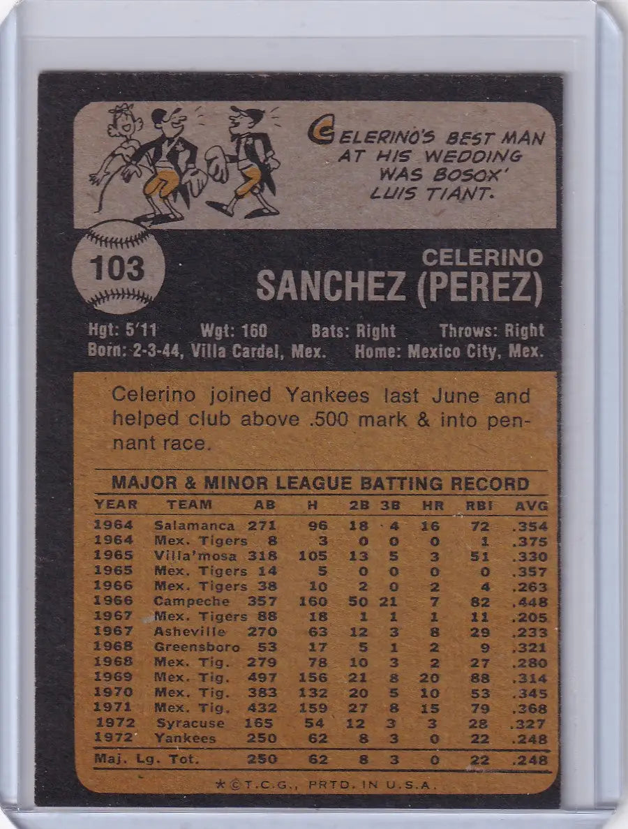 1973 Topps Baseball #103 Celerino Sanchez New York Yankees rookie card image