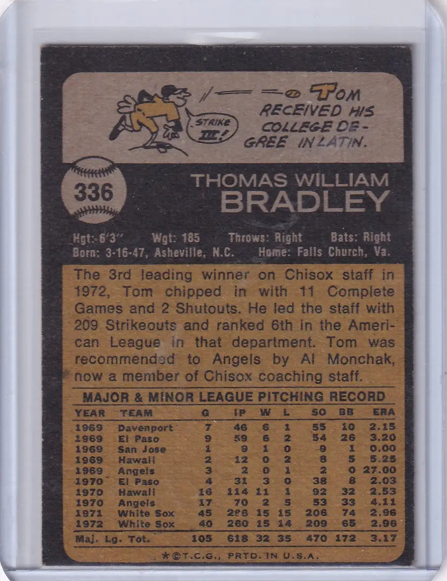 Vintage baseball card of Tom Bradley from 1973 Topps Baseball featuring San Francisco Giants