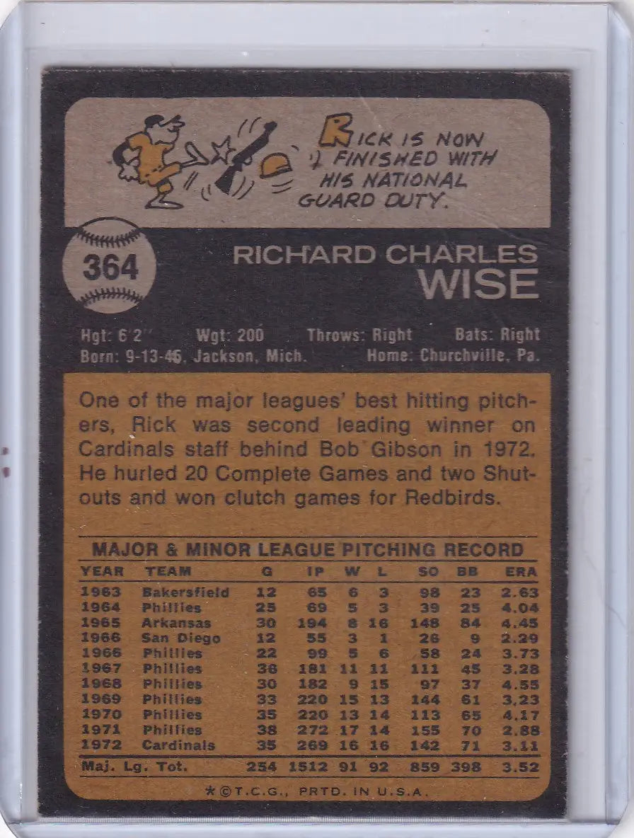 Vintage baseball card back featuring Rick Wise of the St. Louis Cardinals from Topps Baseball 1973