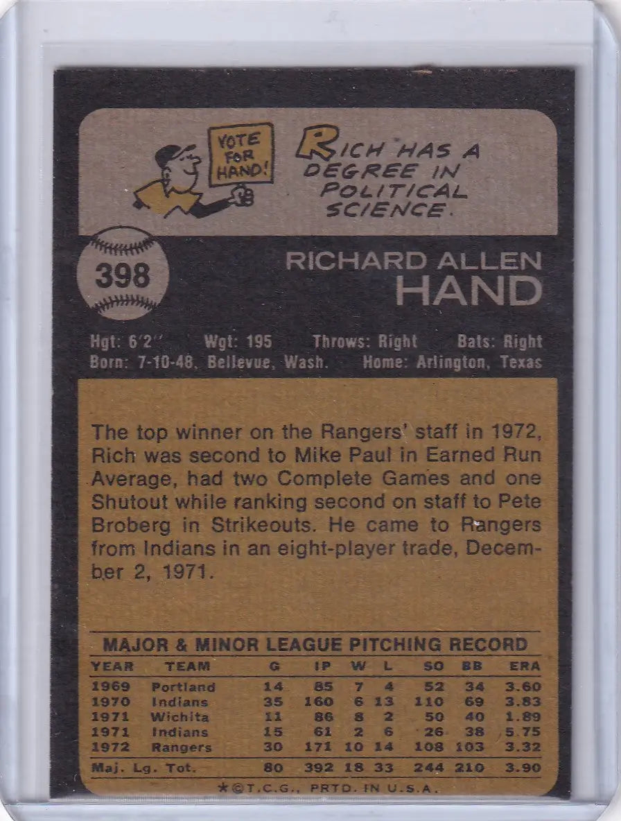 Back of 1973 Topps Baseball card featuring Rich Hand of the Texas Rangers