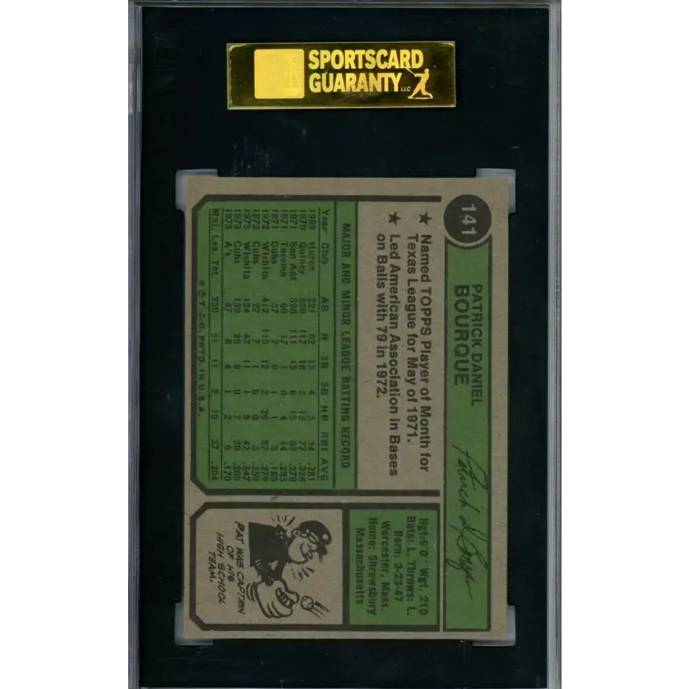 1974 Topps #141 Pat Bourque SGC 8.5 NM/MT+ Oakland Athletics Baseball Card - Baseball Card Single