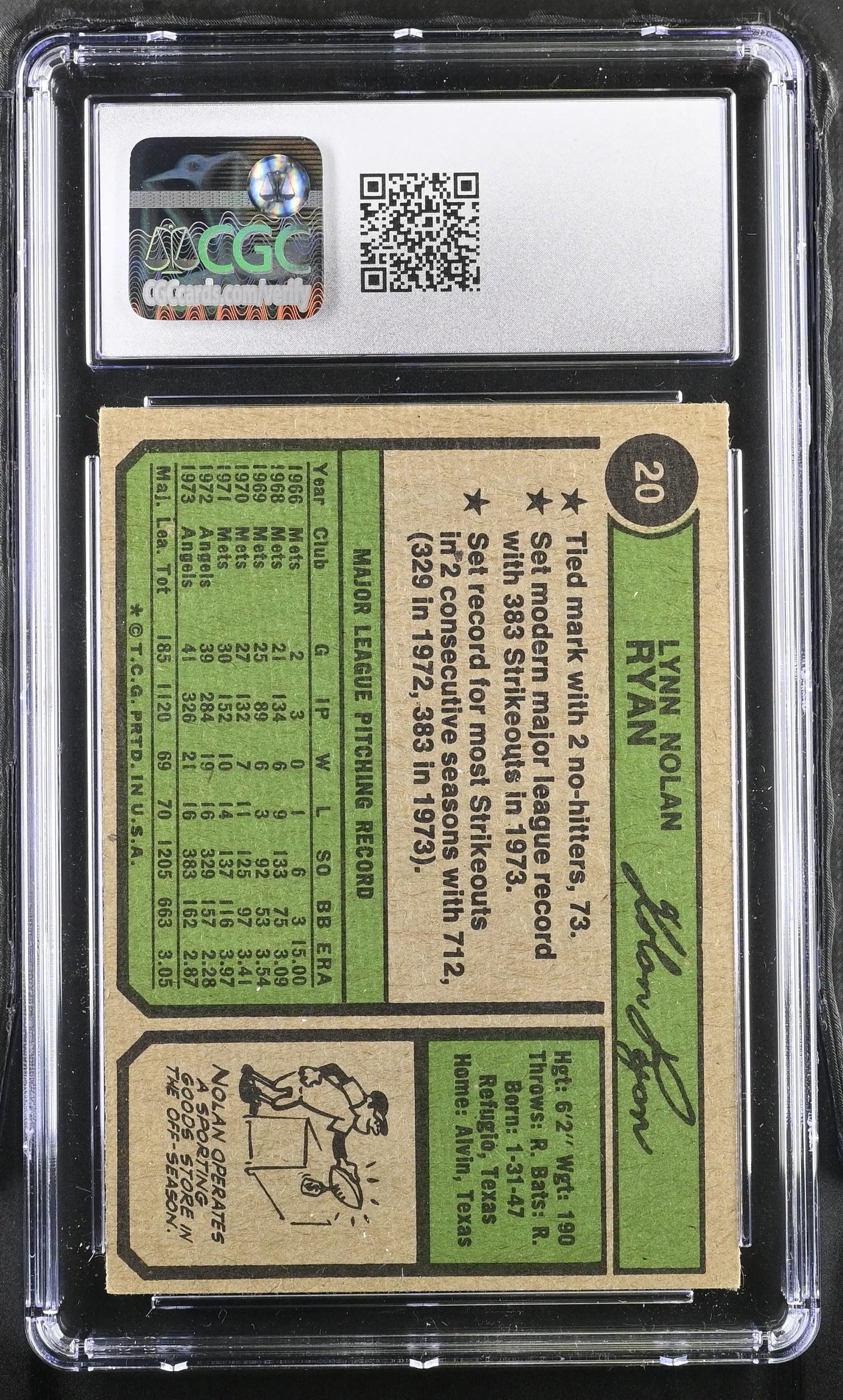 1974 Topps Baseball 20 Nolan Ryan card in protective holder with authentication labels