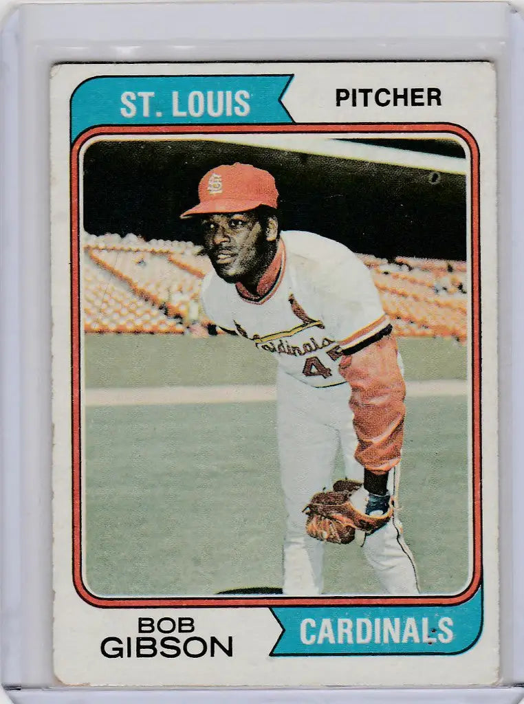 Baseball card of Bob Gibson in throwing stance for Topps Baseball St. Louis Cardinals
