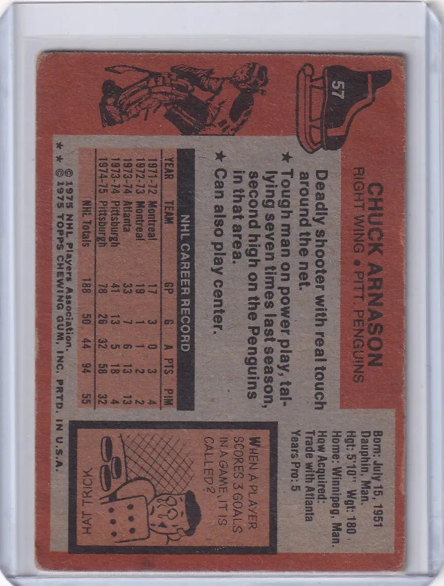 1975-76 Topps Hockey #57 Chuck Arnason - Pittsburgh Penguins - Hockey Card Single