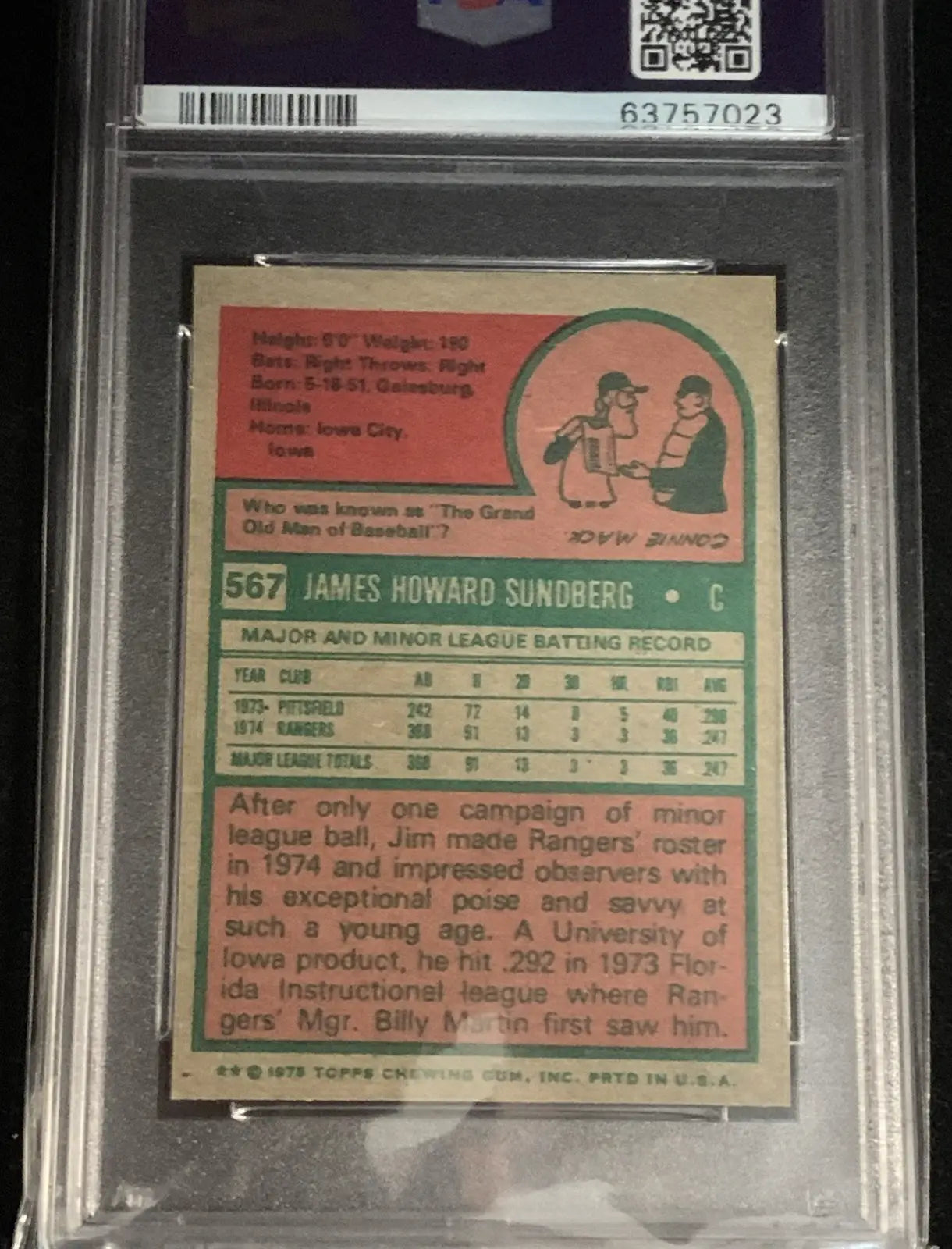 1975 Topps Mini #567 Jim Sundberg PSA 7 Texas Rangers RC Rookie