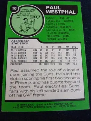 1977-78 Topps - Paul Westphal #10. Phoenix Suns. EX - EX+ - Basketball Card Single