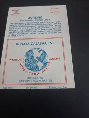 1977-84 TCMA Renata Galasso - Series 5 Lou Gehrig #181. NY Yankees. EX+ - Baseball Card Single