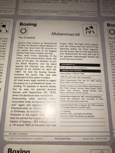 Muhammad Ali boxing card from 1977 Sportscaster Boxing Lot featuring Ali Tommy Farr