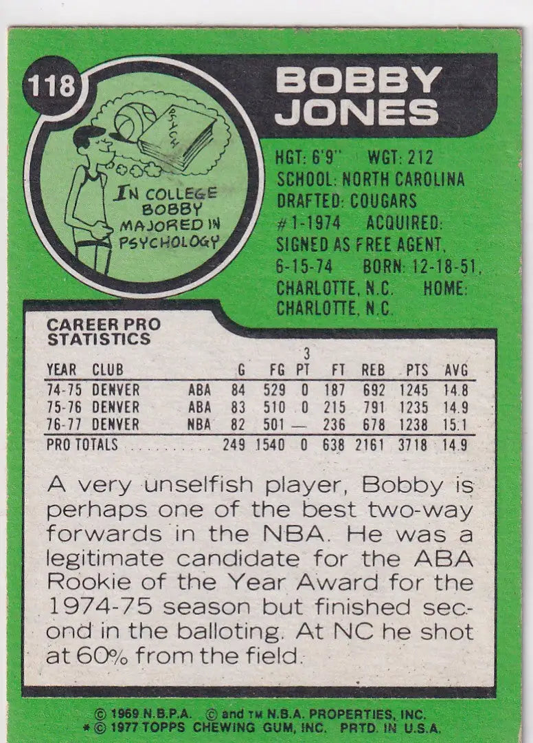 1977 TOPPS #118 BOBBY JONES- DENVER NUGGETS - Basketball Card Single
