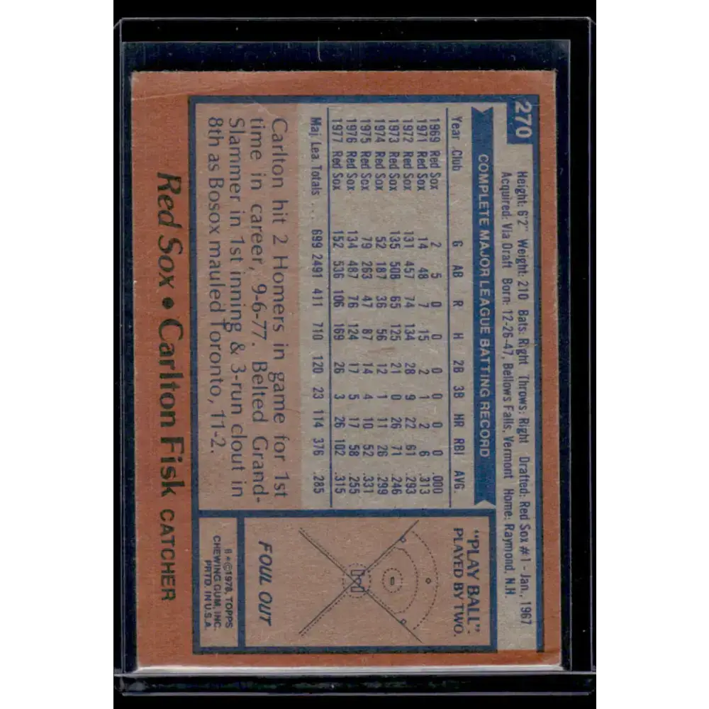 1978 Topps #270 Carlton Fisk EX Boston Red Sox Baseball Card - Baseball Card Single