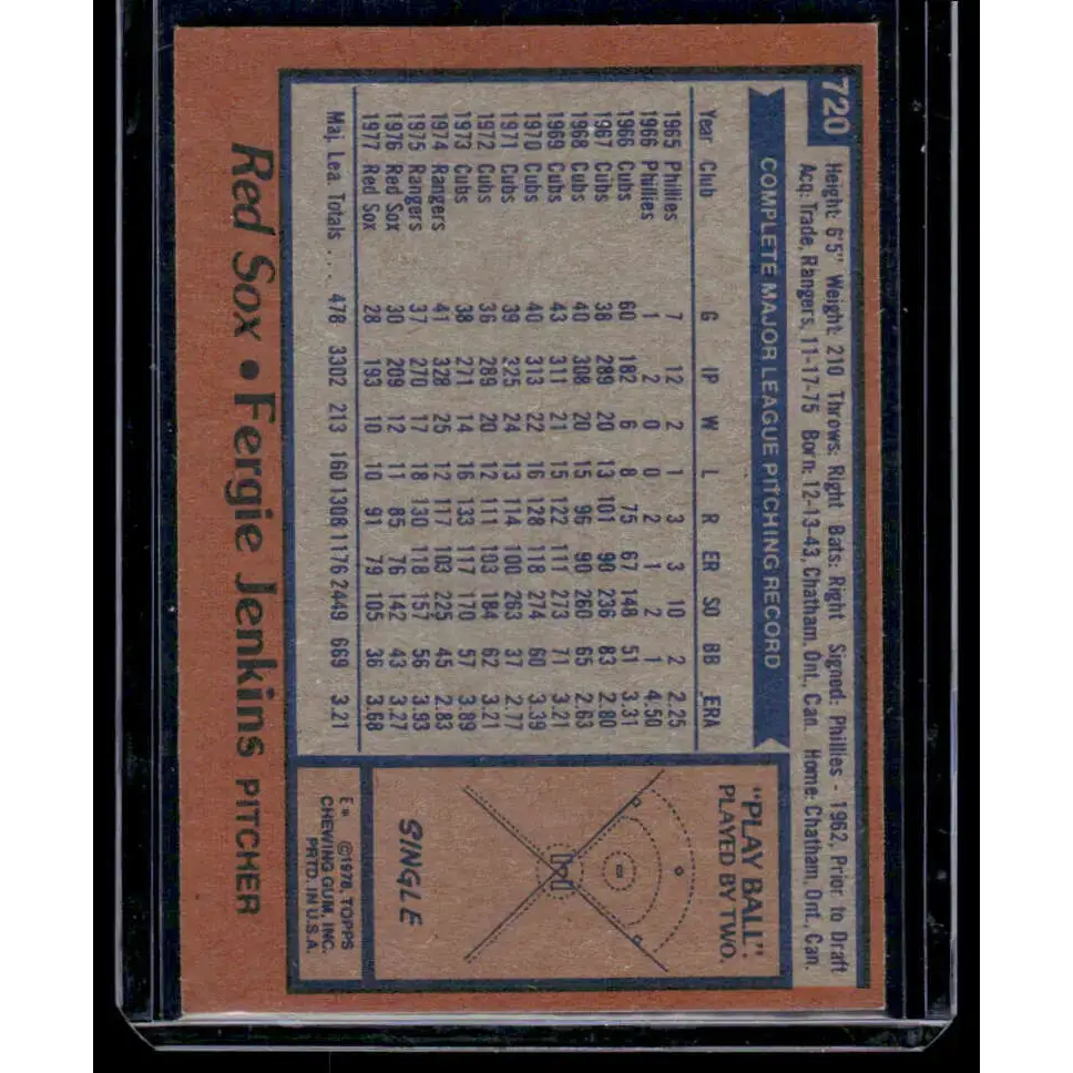 1978 Topps #720 Fergie Jenkins Boston Red Sox EX Excellent - Baseball Card Single