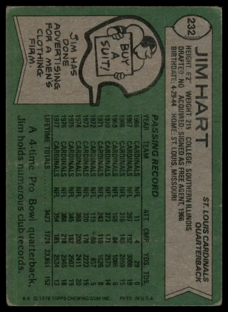 1978 Topps Jim Hart #232 St Louis Cardinals Football Card NFL Sports