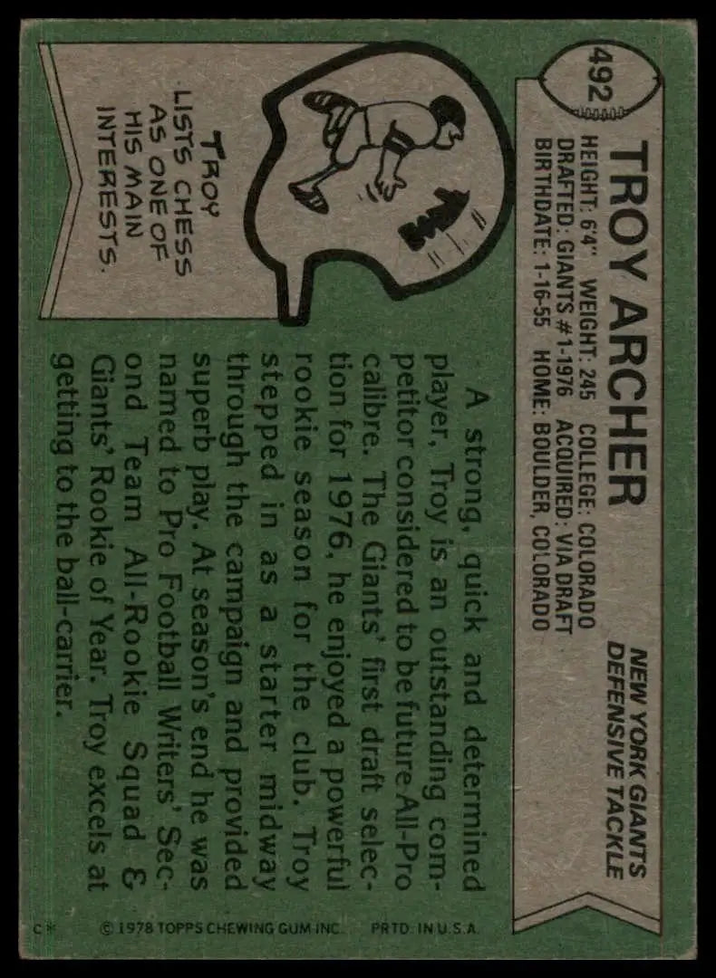 1978 Topps Troy Archer #492 New York Giants Football Card NFL Sports - Football Card Single