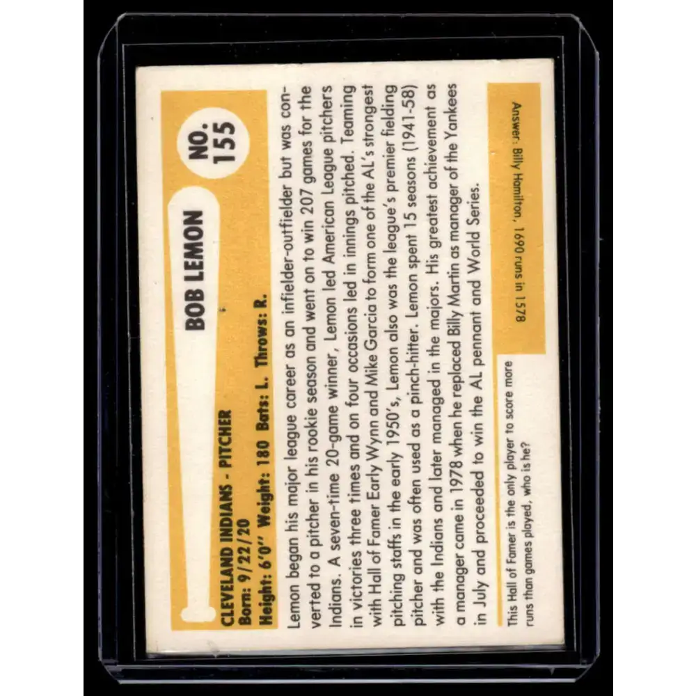 1980 SSPC HOF #155 Bob Lemon Cleveland Indians NM-MT Baseball Card - Baseball Card Single