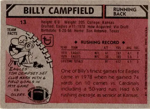 Vintage football card featuring Billy Campfield from 1980 Topps with original gloss