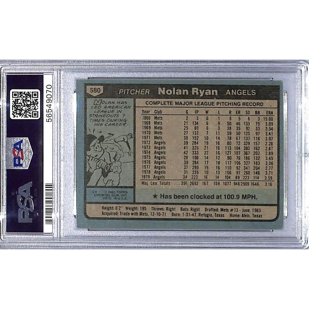 1980 Topps #580 Nolan Ryan PSA 6 EX-MT Angels Image 2