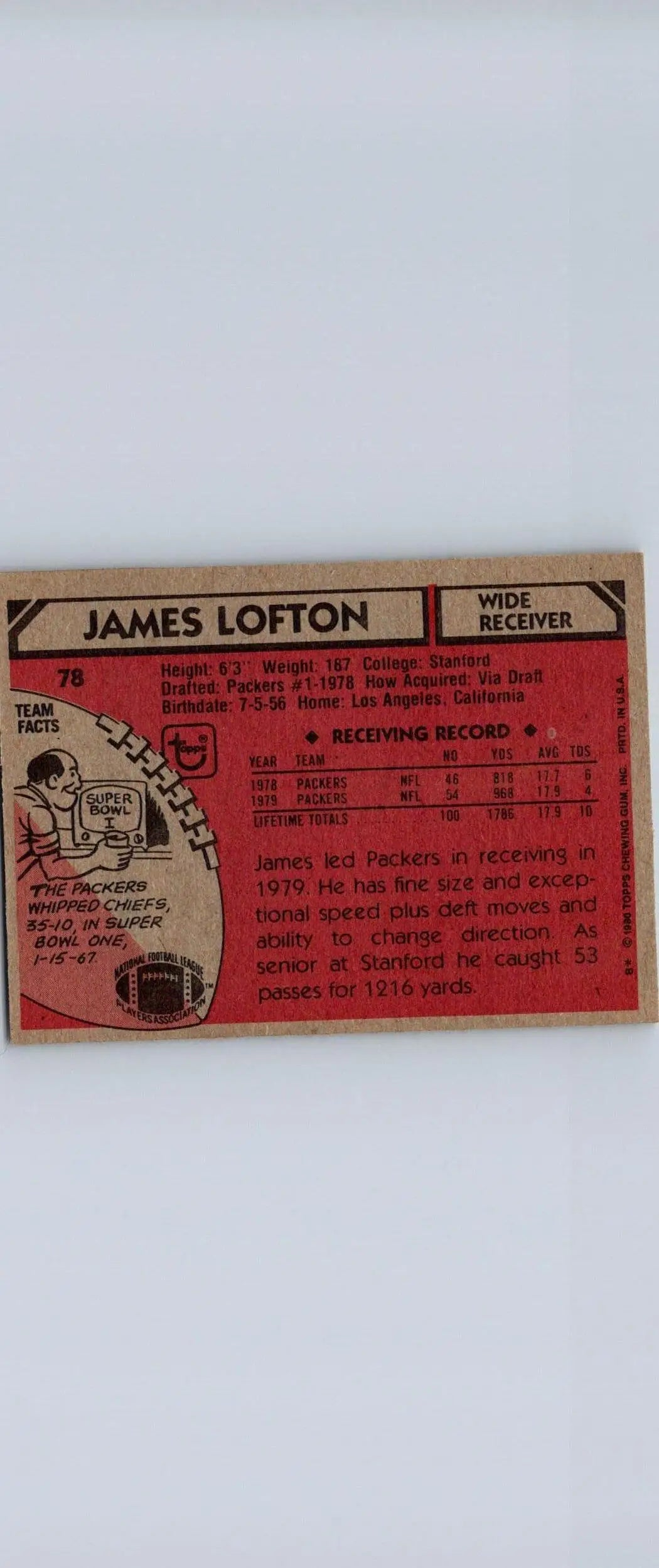 1980 Topps #78 James Lofton trading card featuring the legendary wide receiver