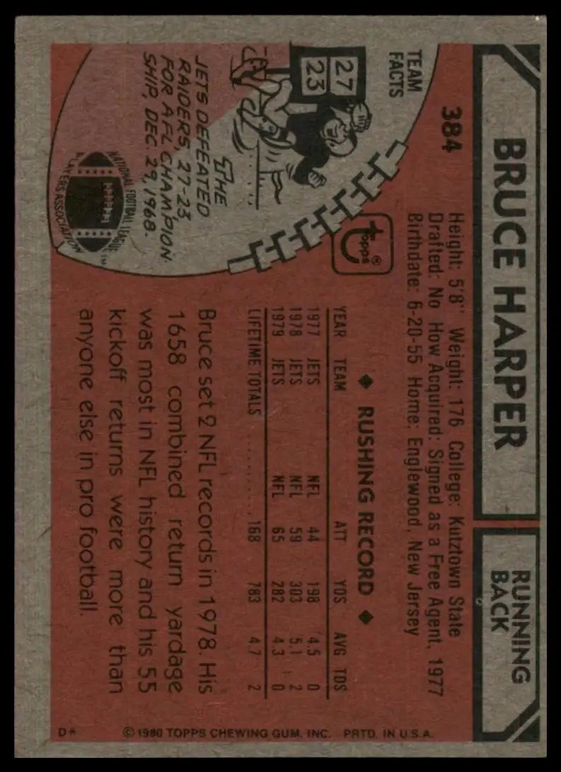 1980 Topps Bruce Harper #384 New York Jets Football Card NFL Sports