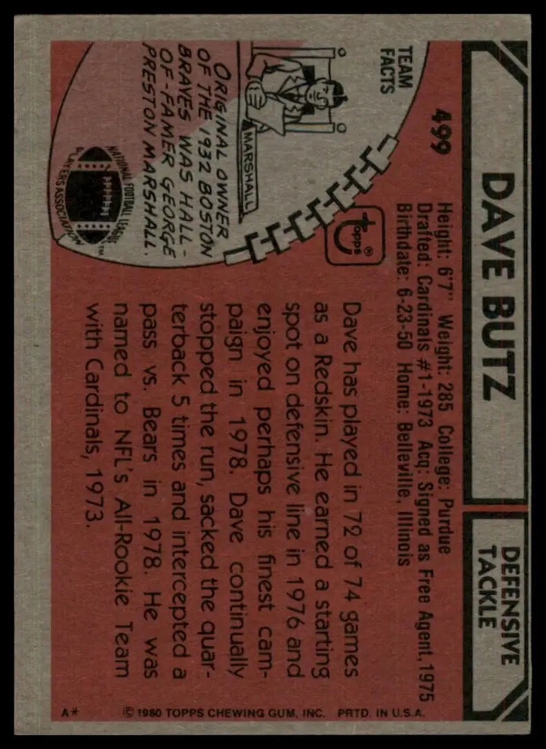 1980 Topps Dave Butz #499 Rookie Washington Redskins Football Card NFL Sports - Trading Cards
