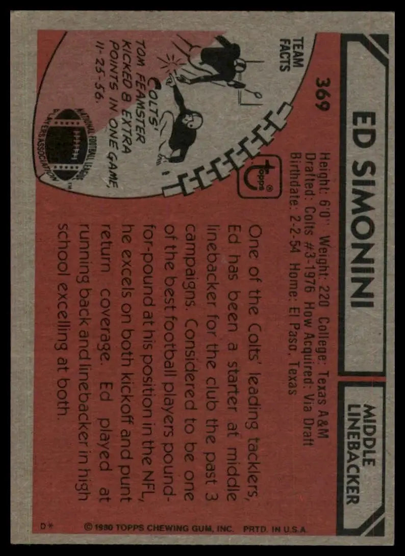 1980 Topps Ed Simonini #369 Indianpolis Colts Football Card NFL Sports - Football Card Single