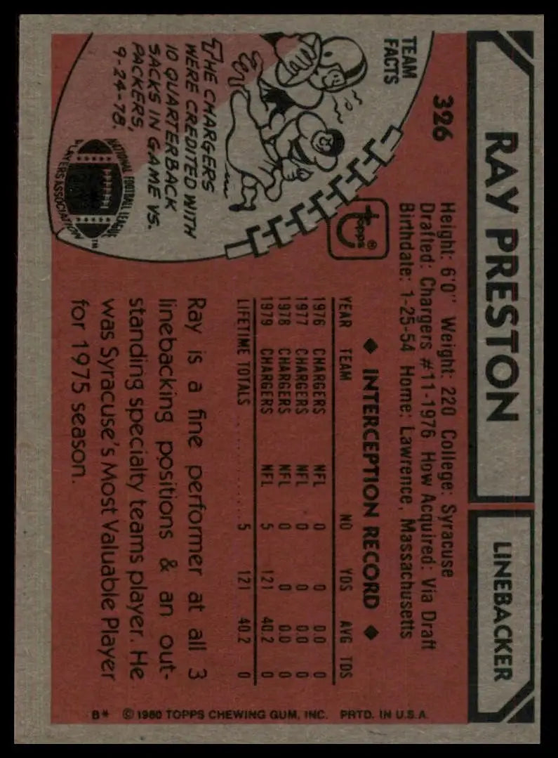 1980 Topps Ray Preston #326 Rookie San Diego Chargers Football Card NFL Sports