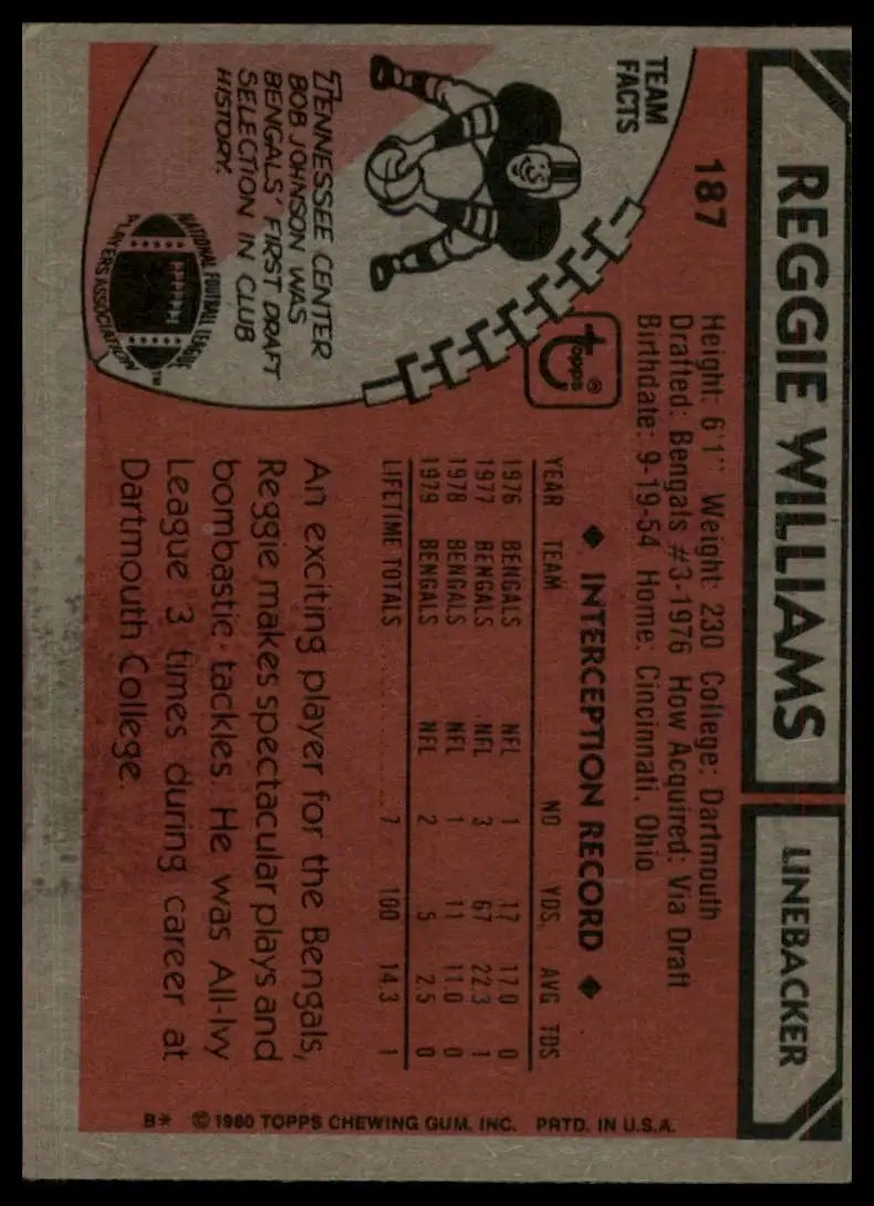1980 Topps Reggie Williams #187 Cincinnati Bengals Football Card NFL Sports - Football Card Single
