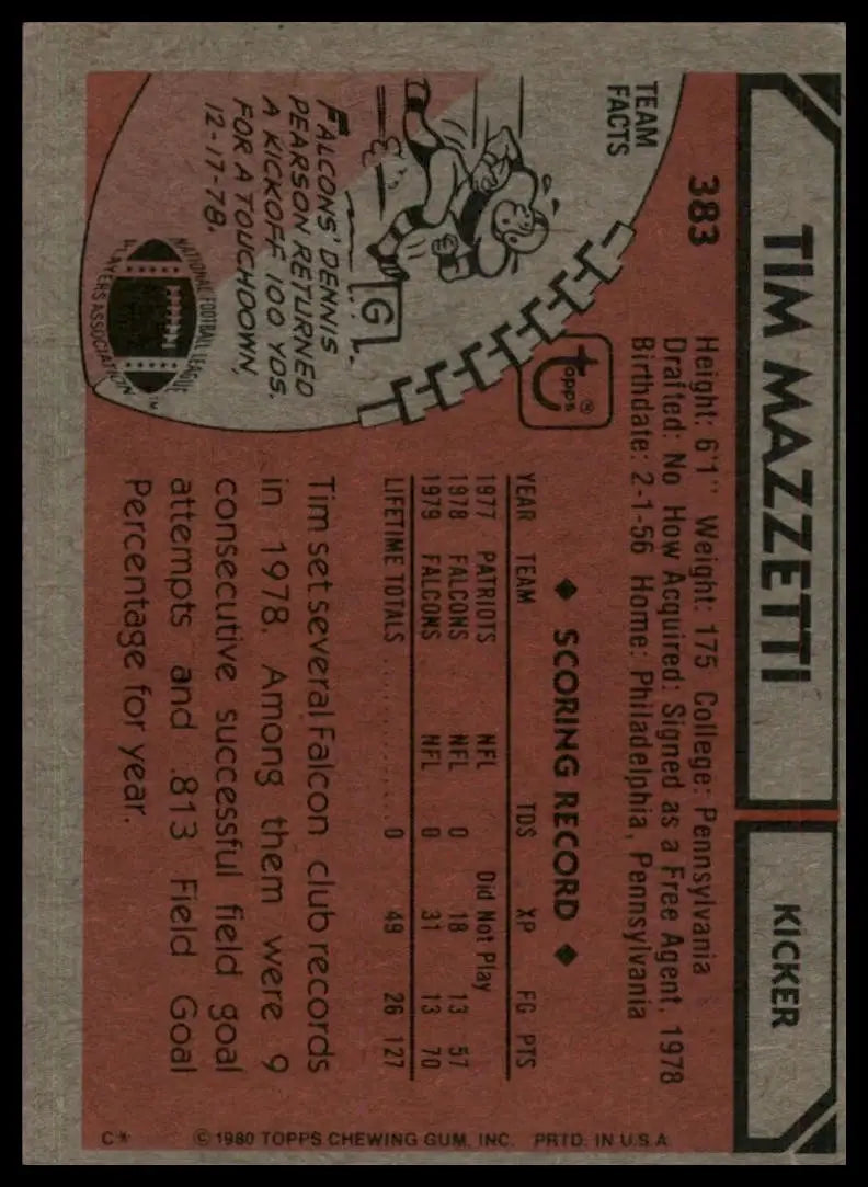 1980 Topps Tim Mazzetti #383 Atlanta Falcons Football Card NFL Sports