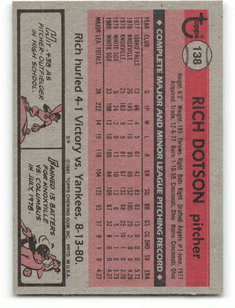 1981 Topps #138 Richard Dotson EX Excellent RC Rookie Chicago White Sox Baseball Card - Baseball Card Single