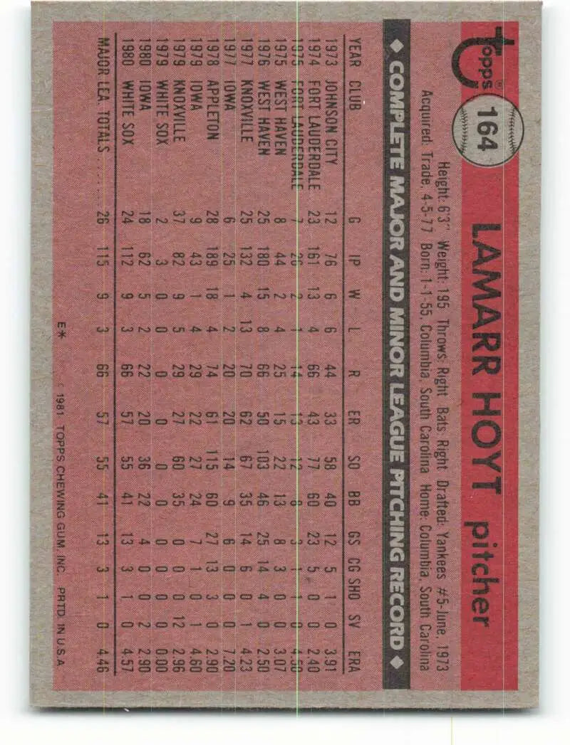 1981 Topps #164 LaMarr Hoyt EX Excellent RC Rookie Chicago White Sox Baseball Card - Baseball Card Single