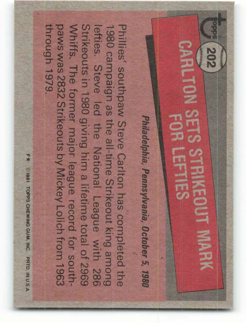 1981 Topps #202 Steve Carlton EX Excellent Philadelphia Phillies Baseball Card - Baseball Card Single