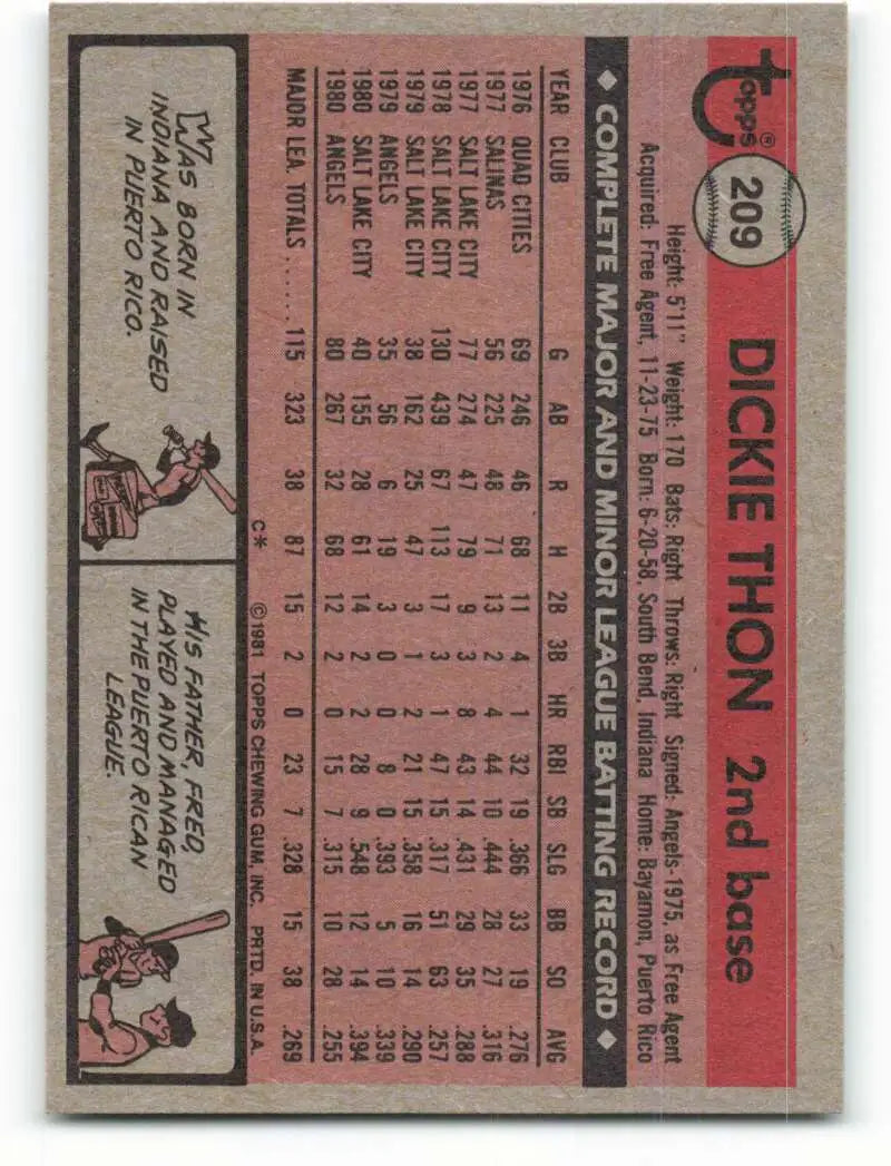1981 Topps #209 Dickie Thon EX Excellent California Angels Baseball Card - Baseball Card Single
