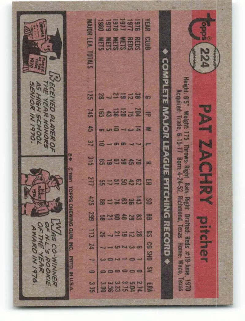 1981 Topps #224 Pat Zachry EX Excellent New York Mets Baseball Card - Baseball Card Single