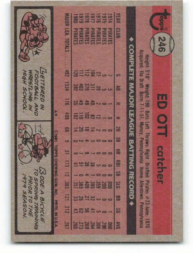 1981 Topps #246 Ed Ott EX Excellent Pittsburgh Pirates Baseball Card - Baseball Card Single