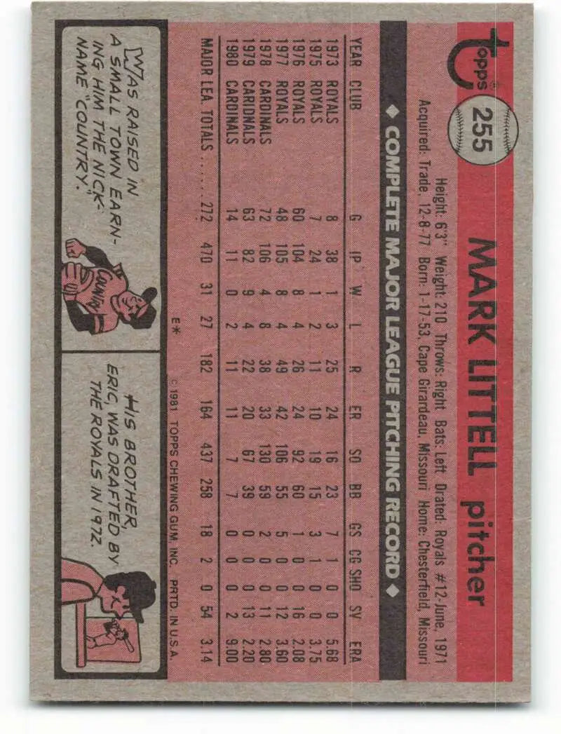 1981 Topps #255 Mark Littell EX Excellent St. Louis Cardinals Baseball Card - Baseball Card Single