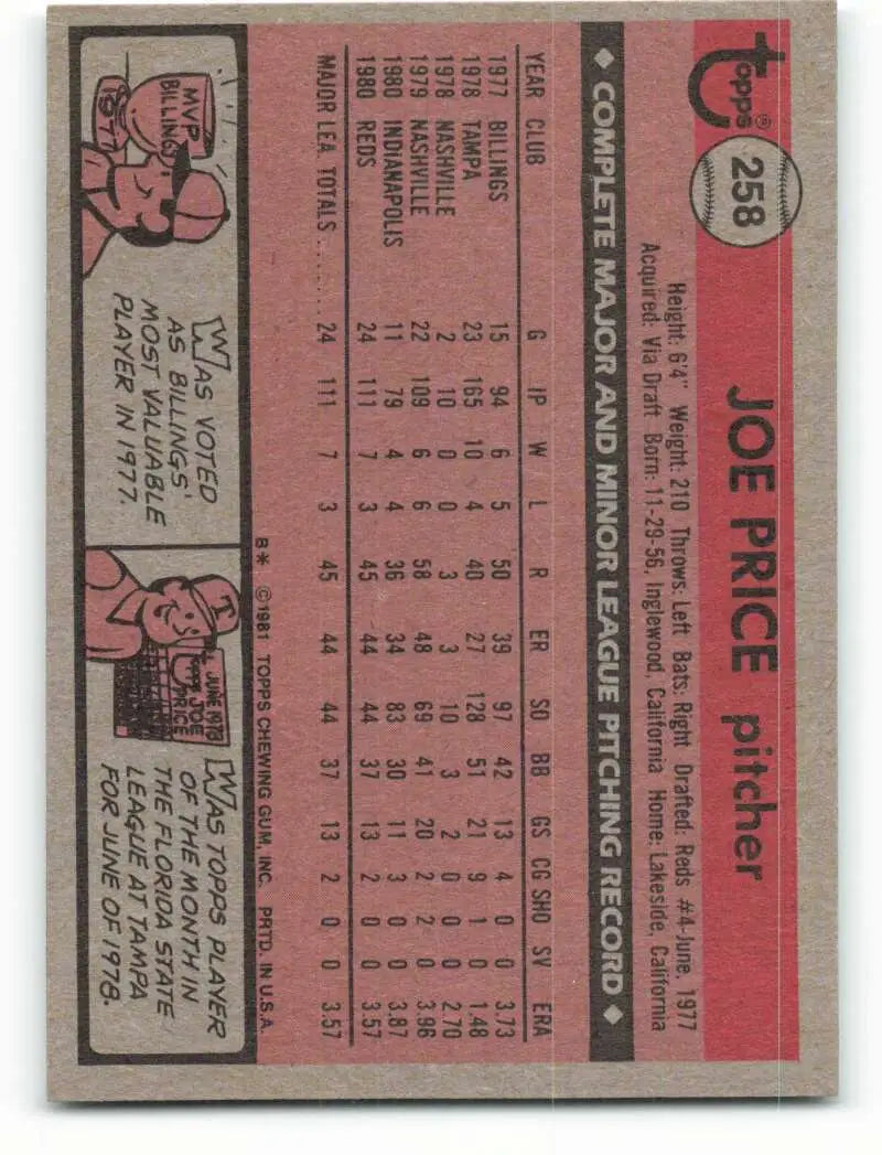 1981 Topps #258 Joe Price EX Excellent RC Rookie Cincinnati Reds Baseball Card - Baseball Card Single