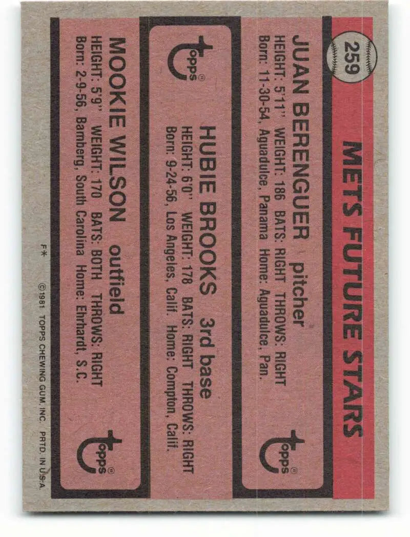 1981 Topps #259 Juan Berenguer/Hubie Brooks/Mookie Wilson EX Excellent RC Rookie New York Mets Baseball Card - Baseball