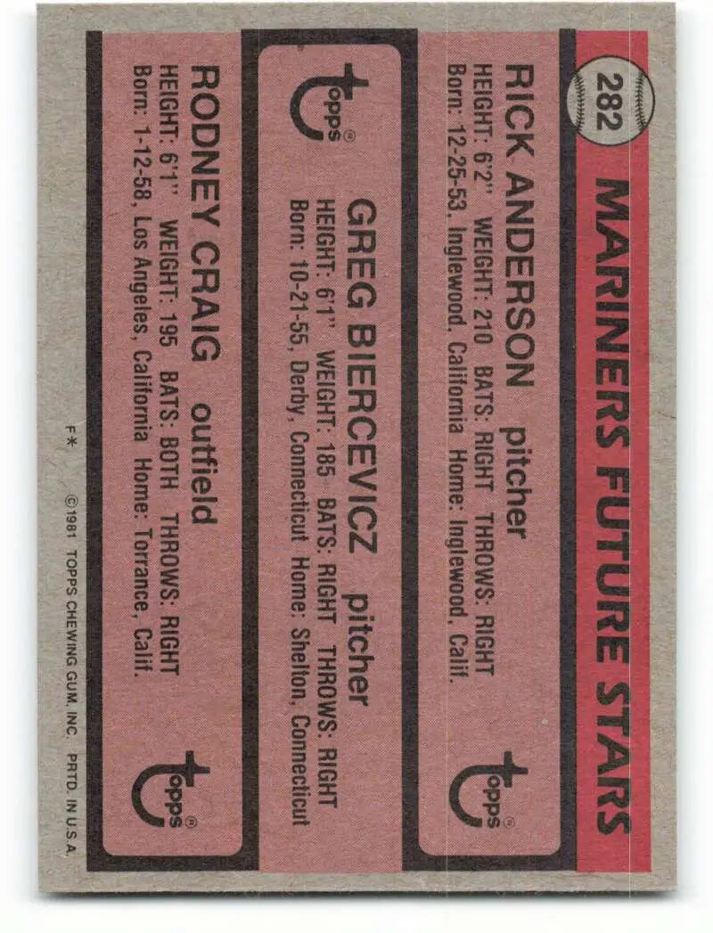 1981 Topps #282 Rick Anderson/Greg Biercevicz/Rodney Craig EX Excellent RC Rookie Seattle Mariners Baseball Card