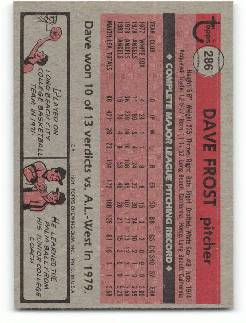 1981 Topps #286 Dave Frost EX Excellent California Angels Baseball Card - Baseball Card Single
