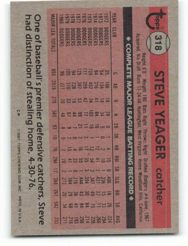 1981 Topps #318 Steve Yeager EX Excellent Los Angeles Dodgers Baseball Card - Baseball Card Single